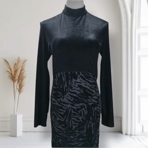 Vintage 90s Black Velvet Burnout Maxi Dress Mock Neck Animal Print Size 12 - Picture 2 of 12